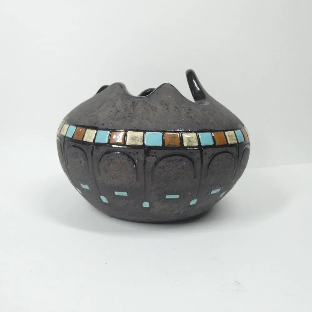 Black Ceramic Bowl Pot w/Blue Squares Geometric Signed Vtg MCM Blackware Native?